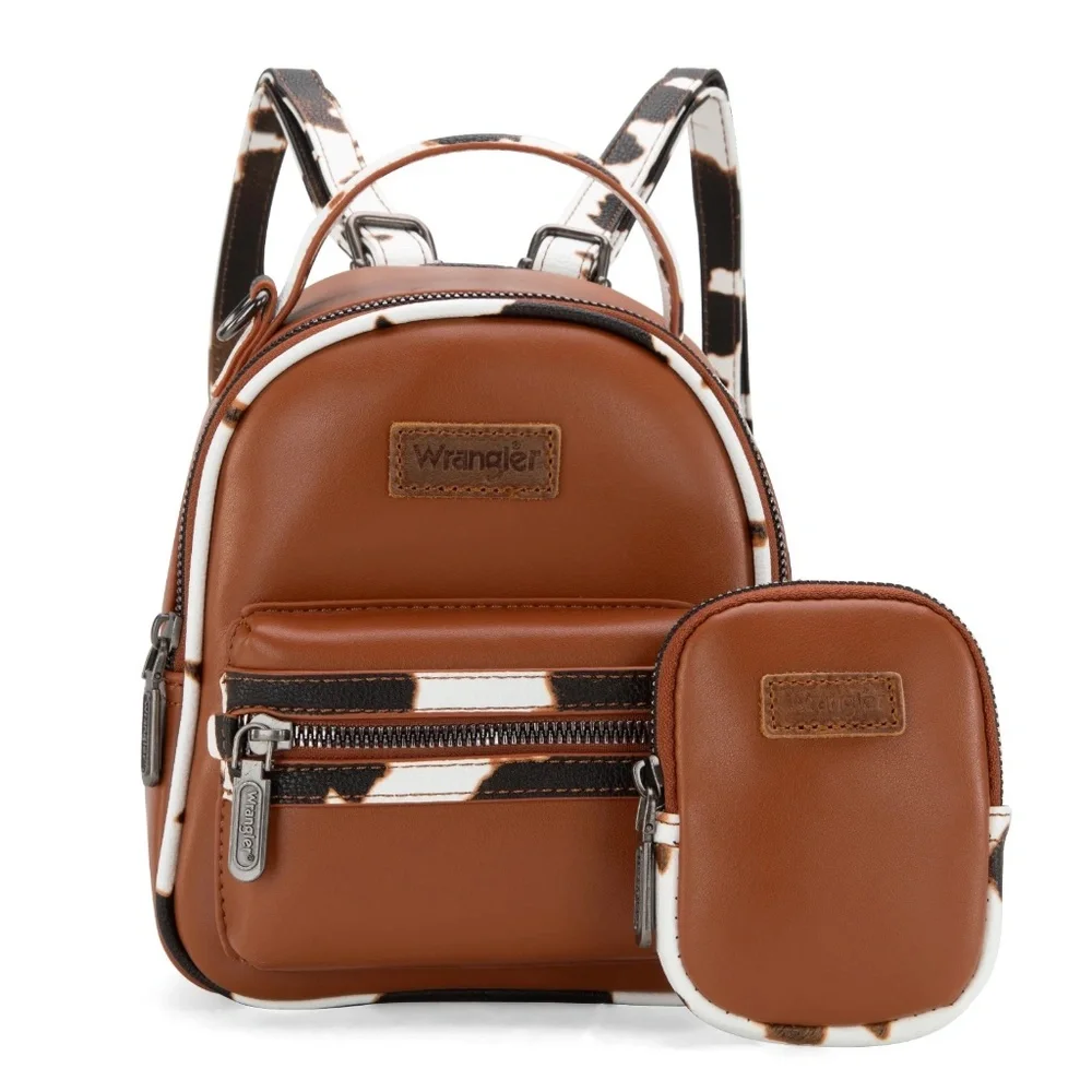 Wrangler Cow Print Trimmed Mini Backpack With Coin Pouch - Brown
